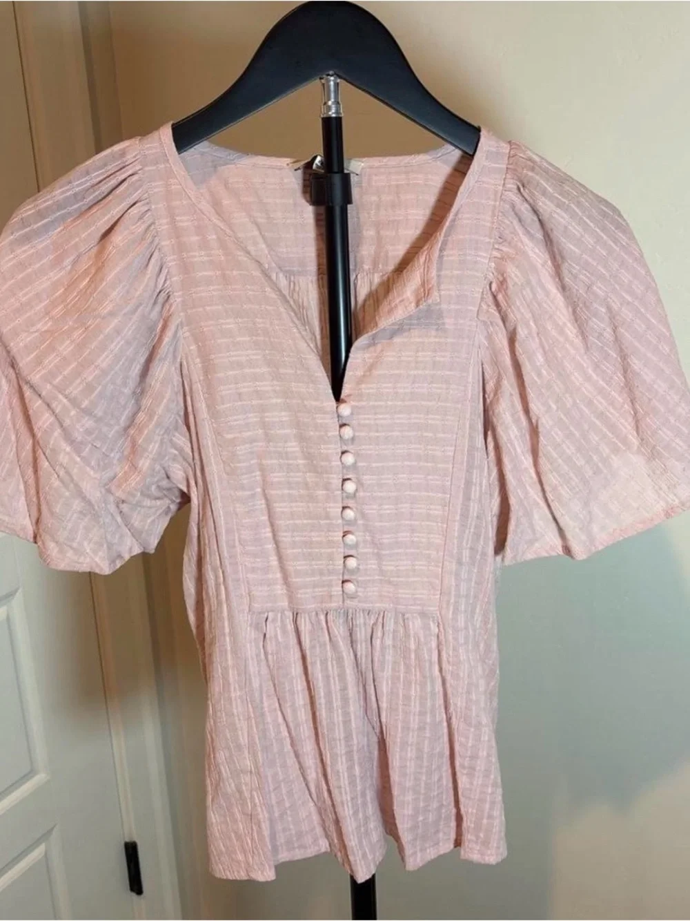 Madewell Blush Pink Textured Puff Sleeve Top